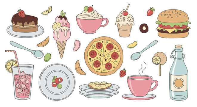 Collection of hand-drawn cute food animal characters including cat-shaped bread, panda sushi, and bear donuts in a kawaii doodle style, isolated on a white background for sticker design.