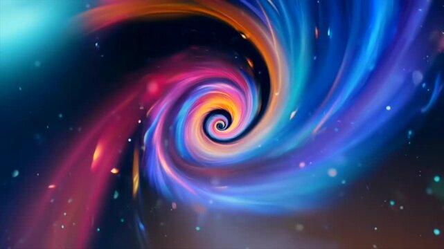 Colorful spiral vortex twisting inward against deep space background, glowing ribbons of blue, pink and orange forming dynamic swirl, cosmic energy flow with particles and depth, abstract galaxy