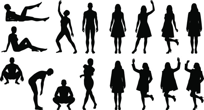 Collection of Male and Female Human Silhouettes in Standing Sitting Walking and Exercise Poses