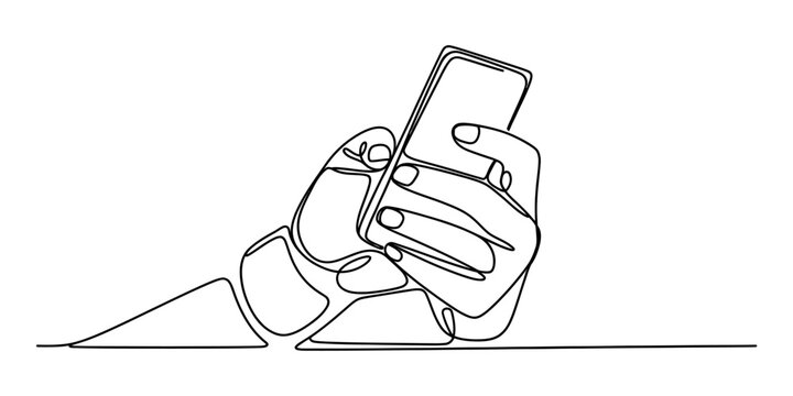 Continuous single line drawing of a person holding a smartphone and using a mobile device for communication and social media scrolling in a simple art style Vector, illustration