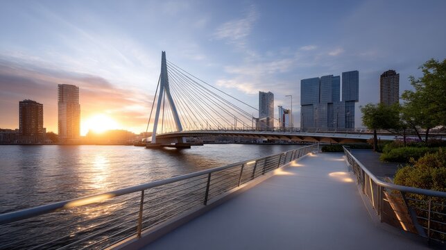 Stunning Sunset over Modern Bridge and City Skyline with Calm River Reflections