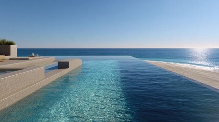 Fototapeta premium Serene Infinity Pool Overlooking Calm Ocean and Clear Sky in a Modern Luxurious Setting