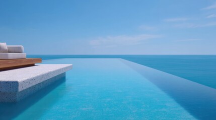 Fototapeta premium Infinity Pool Overlooking Tranquil Blue Ocean and Clear Sky on a Sunny Day in a Luxurious Setting