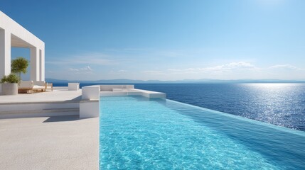 Fototapeta premium Serene Infinity Pool Overlooking the Ocean on a Bright Sunny Day with Clear Blue Sky and Relaxing Ambiance
