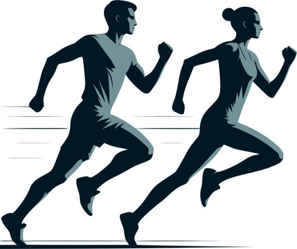 Running man and woman, isolated vector silhouettes. Run, side view. Silhouettes of athletic looking male and female runners running. Transparent EPS version.
