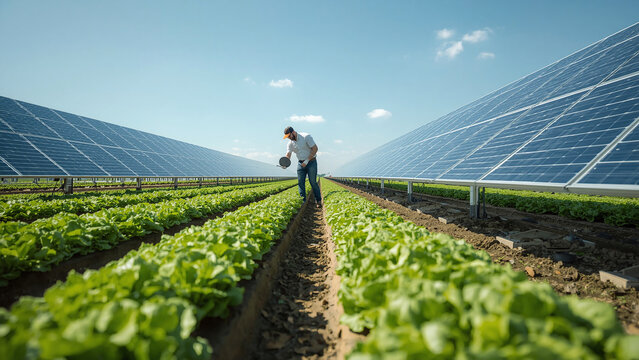 Vertical Bifacial Solar Panels in Rows of Green Lettuce Crops on Agrivoltaic Farm, Sustainable Agriculture and Renewable Clean Energy Innovation