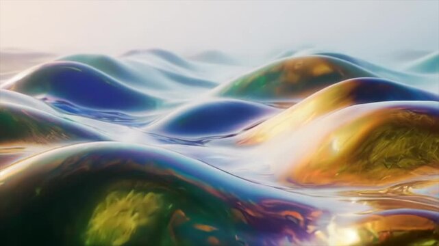 Soft abstract landscape of smooth rolling forms with glossy liquid texture, warm golden highlights blending into cool green and blue gradients, serene futuristic terrain with gentle light diffusion