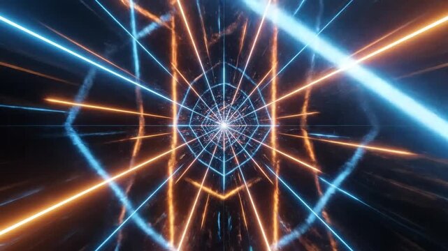 Futuristic geometric tunnel with glowing blue and orange neon lines.