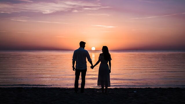 Loving Couple Holding Hands at Sunset.