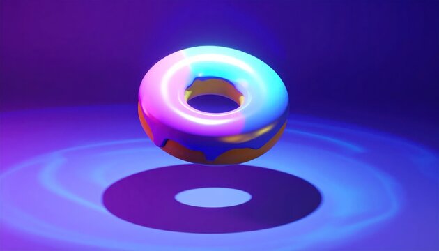 Glowing Frosted Donut Floating in Neon Purple Studio