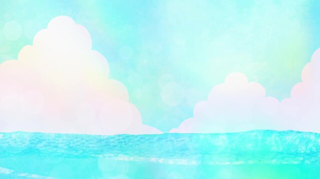 海の波と入道雲の夏らしい風景に太陽の光が差し込むアニメーション動画
