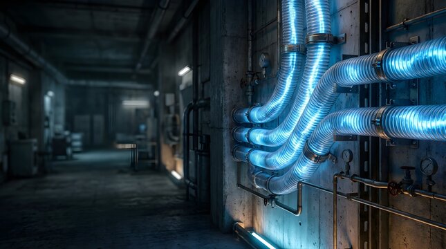Glowing blue neon ventilation pipes in a dark abandoned basement hallway