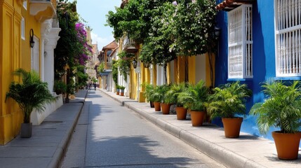 Fototapeta premium Charming Colorful Street with Potted Plants in Cartagena, Colombia Under Bright Sunny Sky