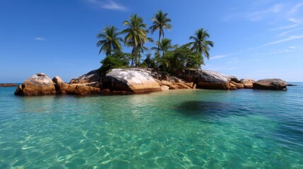 Obraz premium Serene Tropical Island with Palm Trees and Clear Turquoise Water Under a Bright Blue Sky