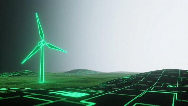 デジタル回路の地面と緑色に発光する風力発電機、クリーンエネルギーのコンセプトイメージ