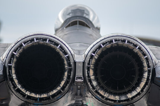 Cherry Point, North Carolina - May 9 2026: Twin jet exhaust nozzles on military aircraft display