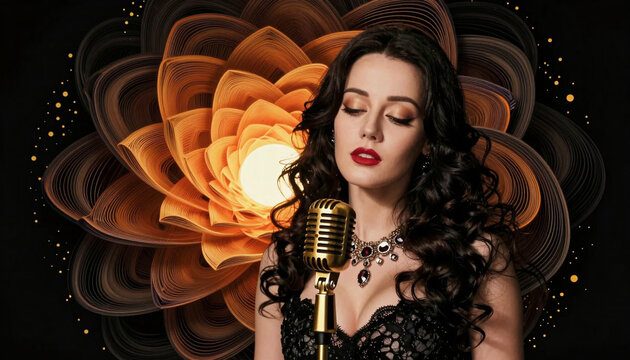 Elegant Female Vocalist with Vintage Microphone and Abstract Floral Background