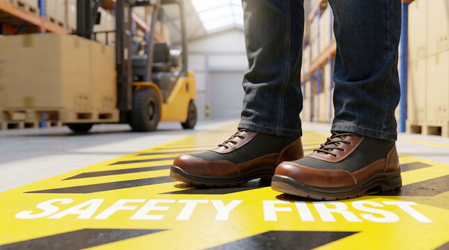 Safety shoes on industrial floor with "SAFETY FIRST" text, person standing in warehouse with forklift, workplace safety concept
