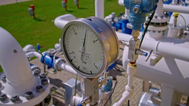 Industrial pressure gauge monitoring pipeline systems in a modern energy facility