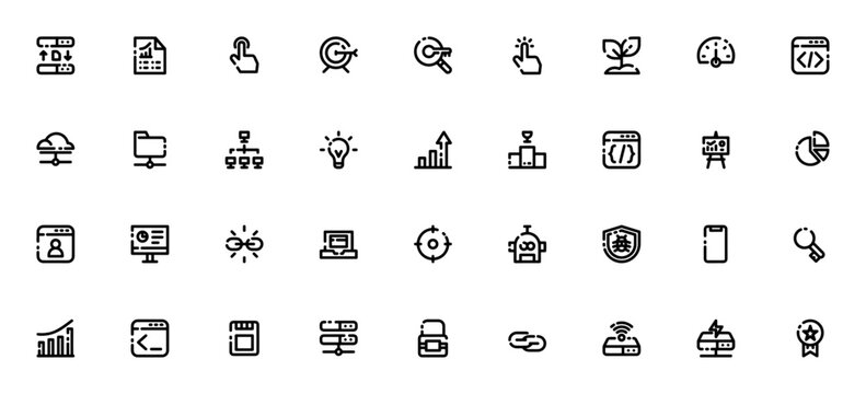 Seo marketing icon set. Minimalist icons. Includes server, report, goal, keyword, dashboard, programming language, chart, blog, link, laptop, scope, key and more. Editable vector stroke.