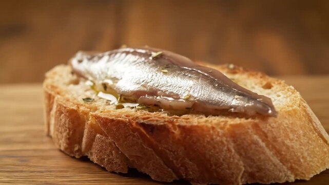 Close-up of a spanish tapas pintxo: cured anchovy fillet (anchoa) on a slice of rustic bread (bruschetta or baguette), garnished with olive oil and herbs, ready to eat on a wooden board.