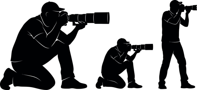 Black silhouette illustration of three photographers in different poses with cameras.
