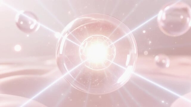 透明感のあるピンクの美容液バブルと発光する保湿成分が浮遊する、未来感あふれるスキンケアサイエンスイメージ。セラミド、ヒアルロン酸、コラーゲンを連想させる微細なナノ粒子とウォータードロップが、肌の潤い・ハリ・ツヤ・透明感を演出する高級コスメ広告風CG。やわらかなパステルピンクと幻想的な光が、美肌やエイジングケアを表現した抽象ビューティー背景素材 ジェネレーティブAI