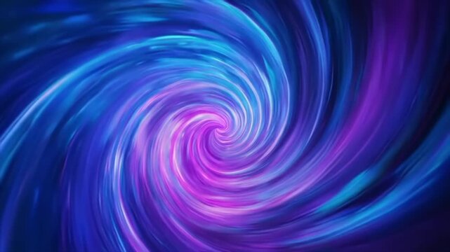 Neon cosmic vortex with flowing blue and purple light trails in dynamic spiral motion, deep space atmosphere and glowing energy lines create futuristic abstract background for technology visuals