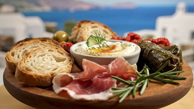 Traditional mediterranean mezze platter with fresh bread, green olives, sun-dried tomatoes, dip, and prosciutto served outdoors against a blurred greek island view.