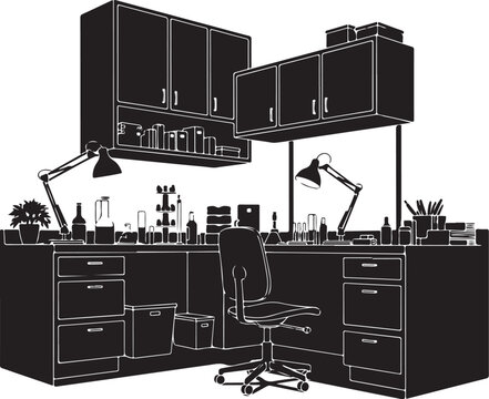 Black and white of a cluttered workshop or laboratory lamps