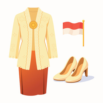 Hari Kartini Flat Illustration Set Kebaya Batik Indonesian Cultural Objects Minimal Vector Design