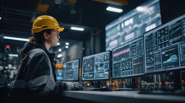 Focused Industrial Worker Analyzing Data on Multiple Monitors in a Control Room