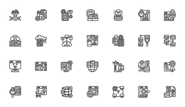 Database management icon set. Minimal line icons. Vector. Featuring database, server, cloud storage, backup, analytics, security, and more. Editable stroke.