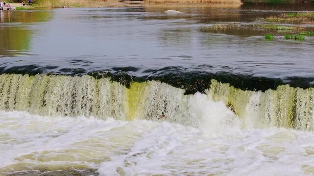 Ventas Rumba waterfall in Kuldiga with fish jumping during spring aerial view