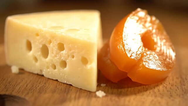 Detailed macro shot of a wedge of swiss or emmental cheese with large holes on a rustic wooden serving board, perfect for appetizers and gourmet meals.