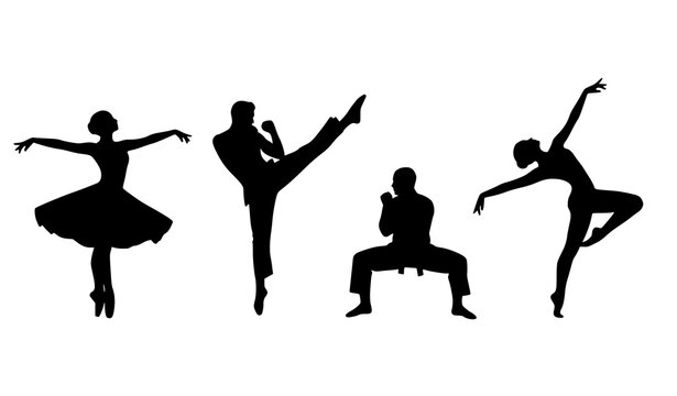 Dynamic human silhouette vector set showing dance and martial arts expressive poses isolated black figures on white background