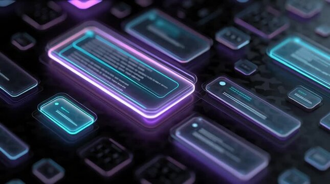 Glowing digital chat bubbles and input fields on a dark background