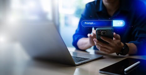 Fototapeta premium Businessman using smartphone for generative AI prompt interaction. Concept of artificial intelligence, chatbot query and digital assistant technology with futuristic prompt search bar interface overla