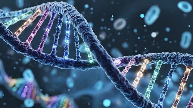 Abstract 3D DNA Double Helix Structure with Glowing Particles.