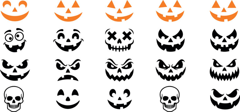 Halloween Pumpkin Face Icon Set Collection with Spooky Jack O Lantern Expressions, Creepy Skull Symbols, and Scary Vector Emoticon Designs