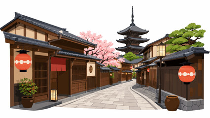 Obraz premium Charming traditional Japanese street scene with historic architecture, cherry blossoms, and a pagoda in the background during springtime
