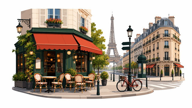 Charming Parisian cafe scene with Eiffel Tower view, bicycles, and classic European architecture