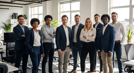 Fototapeta premium A diverse group of confident business professionals standing together in a modern office environment.