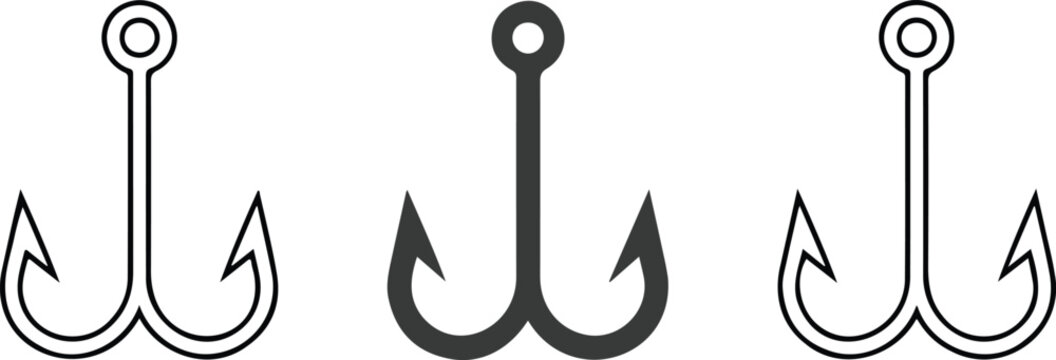 Minimalist fishing hook icon set vector illustration for maritime sports angling outdoor adventure decorative graphic design element