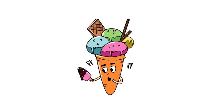Animated video of cartoon ice cream character holding melting ice cream