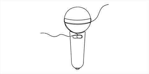 A simple continuous line drawing of a classic handheld vocal microphone used for singing music or public speaking performances in a clean minimal art style Vector, illustration © Ratna Art_Gallery