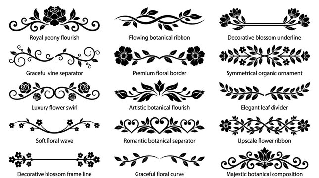 Collection of elegant floral swirls and botanical ornaments in black