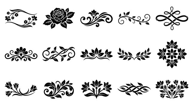 Collection of black floral and leafy decorative design elements and ornaments