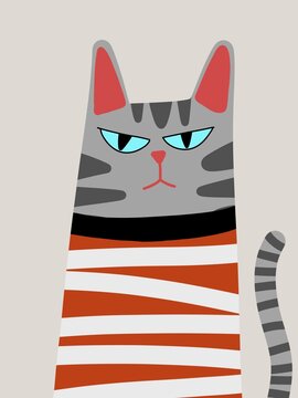 Illustration of gray cat with blue eyes