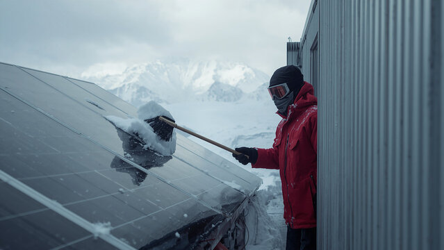 Solar Panel Array on Polar Research Station in Antarctica with Researcher Brushing Snow off Glass, Off-Grid Clean Energy, Climate Science, Remote Infrastructure